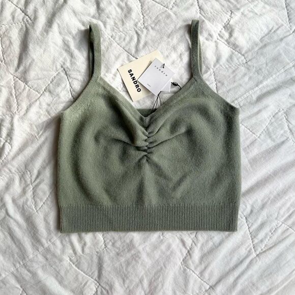 $136 Sandro Soft Wool Olive Green Cream Sweater Tank Top Shirt Large Women's 3 - Picture 1 of 8
